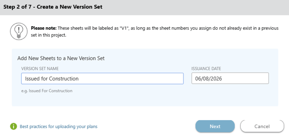 ConstructionOnline's "Create a New Version Set" window