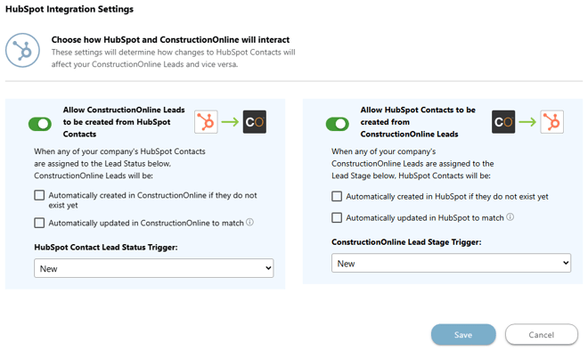 ConstructionOnline's HubSpot Integration Settings window