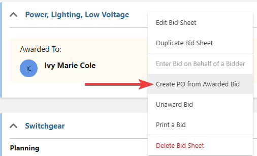 ConstructionOnline's option to create a PO from an awarded bid