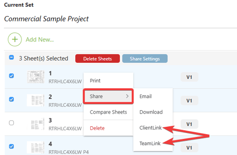 ConstructionOnline's option to share plan sheets with ClientLink or TeamLink Users