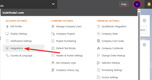 The Integrations tab within ConstructionOnline's Account Settings Menu