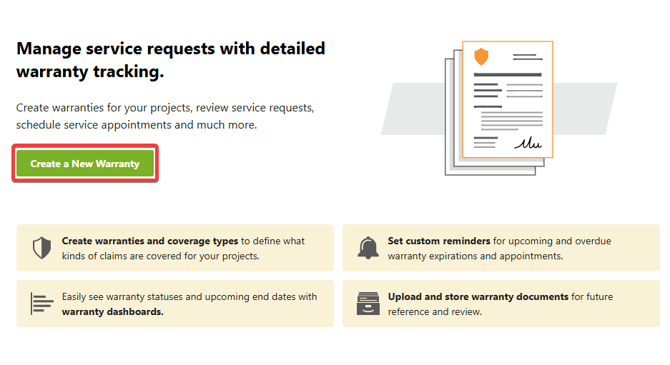 ConstructionOnline's Create a New Warranty setup screen