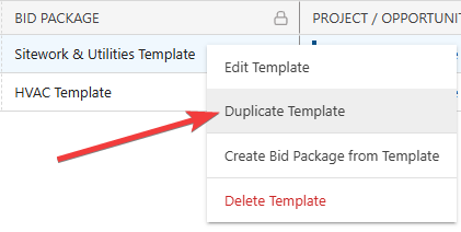ConstructionOnline's Duplicate Template option in Bid Tracking