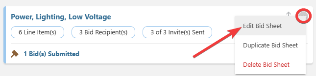 ConstructionOnline's Bid Sheet options from the Action Menu