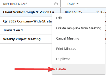 ConstructionOnline's "Delete" option for meetings within the Meeting Minutes feature