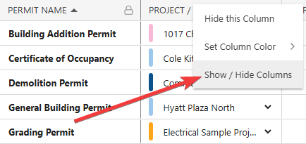 Select Show/Hide Columns to rearrange the view of the Projects Permits List