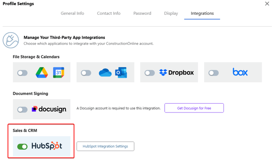 enable the HubSpot integration within ConstructionOnline's Profile Settings