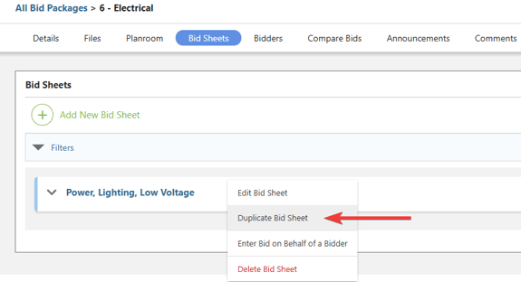 ConstructionOnline's "Duplicate Bid Sheet" option from within the "Bid Sheets" tab of a Bid Package