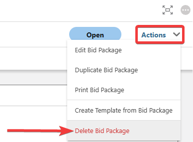 ConstructionOnline's "Delete Bid Package" option from the Actions menu