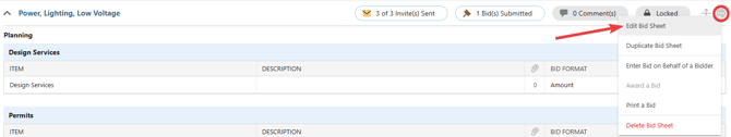 ConstructionOnline's "Edit Bid Sheet" option from within the Bid Sheet's gray 3-dot Action Menu