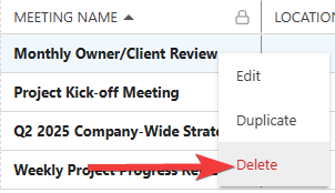 Select a Meeting Template for deletion in ConstructionOnline's Meeting Minutes software