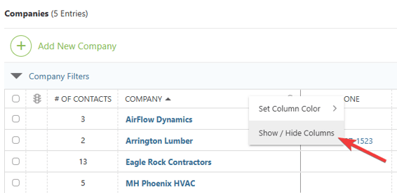ConstructionOnline's Show/Hide Columns Option in Companies