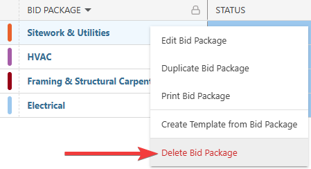 ConstructionOnline's Delete Bid Package option