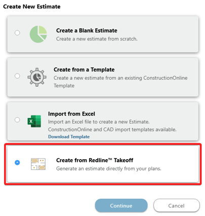 ConstructionOnline's estimate creation option using Redline takeoff