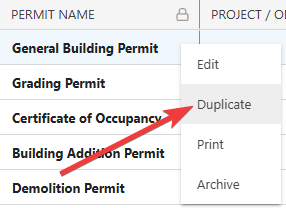 Duplicate a construction Permit in ConstructionOnline's project management software