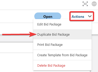 ConstructionOnline's "Duplicate Bid Package" option from the Actions dropdown