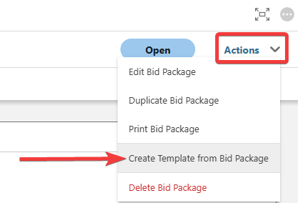 ConstructionOnline's "Create Template from Bid Package" option from the Actions dropdown menu in Bid Tracking