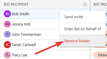 ConstructionOnline's "Remove Bidder" option from the "Bidders Tab" within Bid Tracking