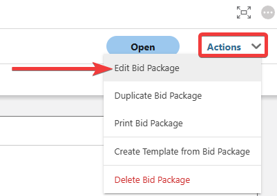 ConstructionOnline's "Edit Bid Package" option from the Actions menu