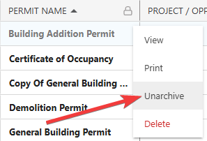 ConstructionOnline's "Unarchive" option for Permits 