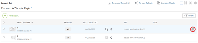 ConstructionOnline's individual sheet gray 3-dot Action Menu in Planroom