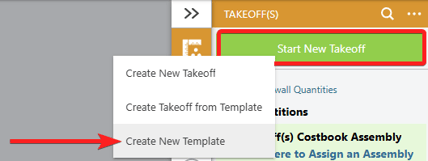 ConstructionOnline's "Create New Template" option for Takeoff Templates from within the "Start New Takeoff" option