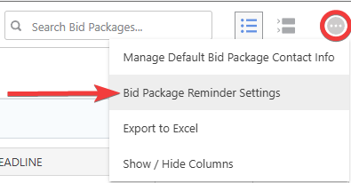 ConstructionOnline's Bid Package Reminder Settings in the gray three-dot Action Menu
