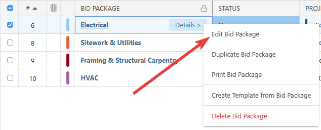 "Edit Bid Package" option in ConstructionOnline