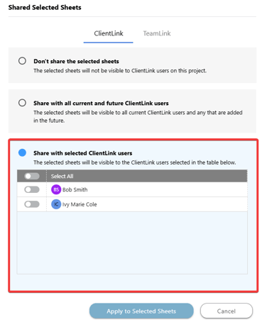 ConstructionOnline's "Share with selected users" option in redline planroom