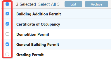 Select the boxes next to the ConstructionOnline Permits you wish to bulk edit or archive