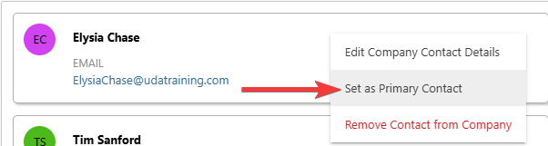 ConstructionOnline's "Set Primary Contact" option within Companies