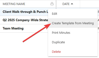 Create a new construction meeting template from an existing meeting within ConstructionOnline's Meeting Minutes feature