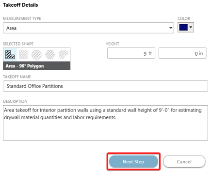 ConstructionOnline's "Takeoff Details" window and selecting next to move through the Takeoff Template setup process