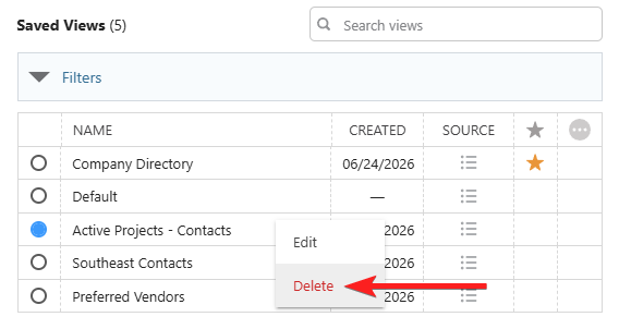 Deleting a Saved View for a Dynamic Table in ConstructionOnline