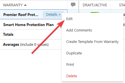 ConstructionOnline's "Edit" option for Warranties