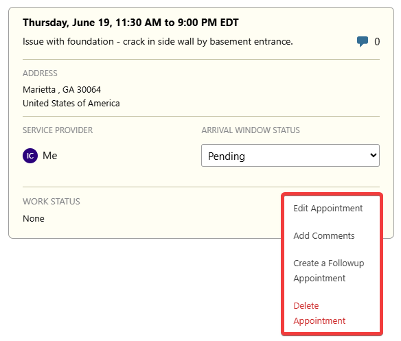 ConstructionOnline's Appointment Actions options