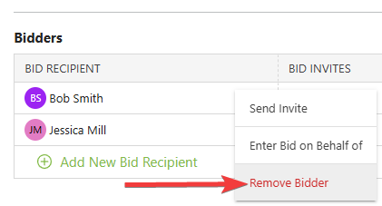 ConstructionOnline's "Remove Bidder" option from within the Bid Sheet