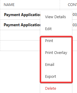 ConstructionOnline's Right-Click dropdown menu for Payment Applications