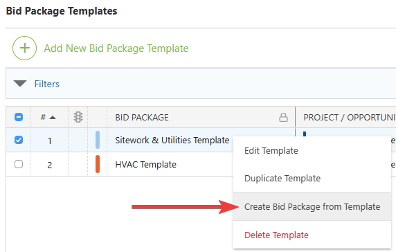 ConstructionOnline's "Create Bid Package from Template" option