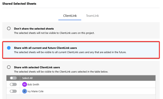 ConstructionOnline's share plan sheets with all current and future ClientLink/TeamLink Users added to the Project Team