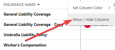 ConstructionOnline's "Show/Hide Columns" option within Insurance & Certificates