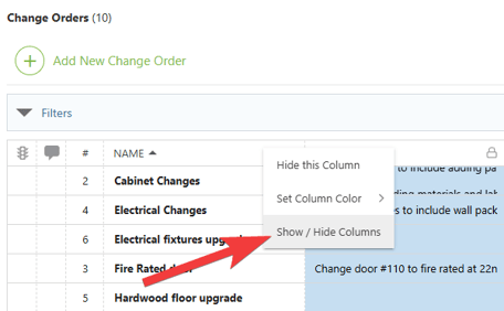 ConstructionOnline's Show/Hide Columns Options in Change Orders