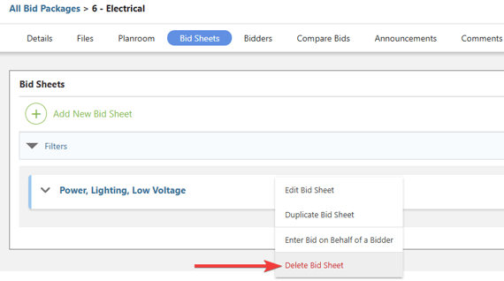 Deleting a Bid Sheet from within ConstructionOnline's "Bid Sheets" tab