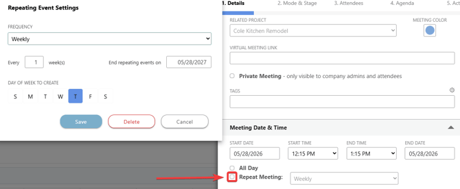 How to set up a repeating construction meeting on a recurring schedule in ConstructionOnline's meeting minutes software