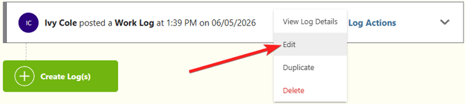 ConstructionOnline's "Edit" option for editing a Daily Log
