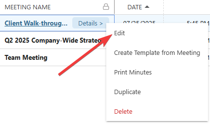 Edit an existing Meeting to send or resend Meeting invitations
