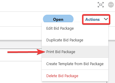 ConstructionOnline's "Print Bid Package" option from the Actions menu