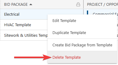 ConstructionOnline's Delete Template option in Bid Tracking
