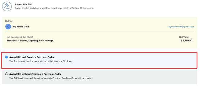 ConstructionOnline's option to award bid and create a PO