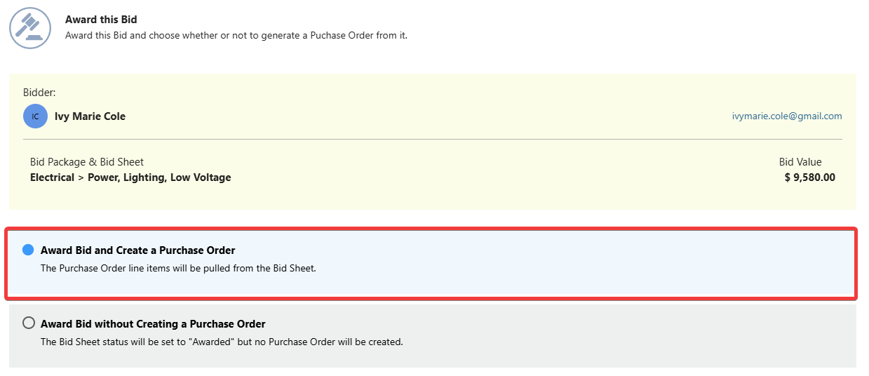 Create a Purchase Order from an Awarded Bid